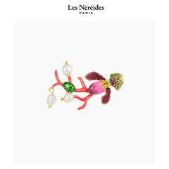 Les Néréides Brooch Purple Lady's Slipper Orchid with Red Coral, Green Rose Chafer and Cultured Pearls CABINET DE CURIOSITE [LNAWCC502/1]