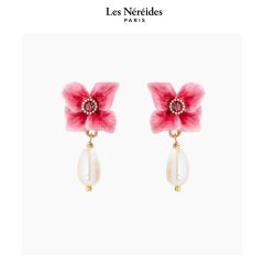 Les Néréides Earing Pink Hydrangea Flower and Cultured Pearl JARDIN D'HORTENSE [LNAVJH101T/1]