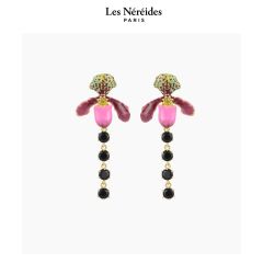 Les Néréides Earrings Purple Lady's Slipper Orchid with Black Faceted Glass CABINET DE CURIOSITE [LNAWCC105T/1]