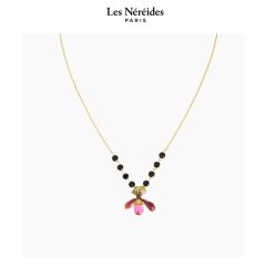 Les Néréides Necklace Purple lady's Slipper Orchid with Black Faceted Glass Stones CABINET DE CURIOSITE [LNAWCC301/1]