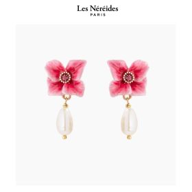 Les Néréides Earing Pink Hydrangea Flower and Cultured Pearl JARDIN D'HORTENSE [LNAVJH101T/1]