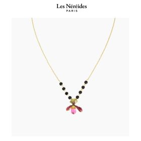 Les Néréides Necklace Purple lady's Slipper Orchid with Black Faceted Glass Stones CABINET DE CURIOSITE [LNAWCC301/1]